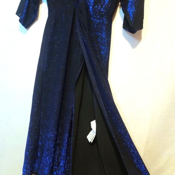 Zara Blue Shimmer Sparkle Lurex V-Neck Crossover Midi Dress Cocktail Size XS - Picture 3 of 13